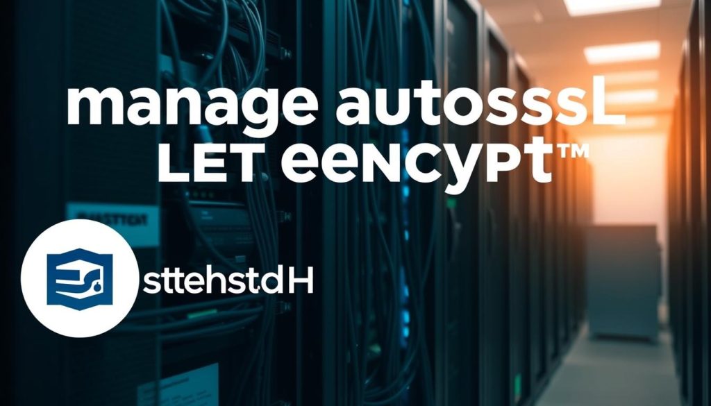 An intricate and visually striking image of the "manage autossl let encrypt™" process, set against a backdrop of a modern data center environment. The foreground features a prominent BoostedHost logo, conveying a sense of professionalism and expertise. In the middle ground, a server rack is prominently displayed, with various network cables and cooling systems visible, highlighting the technical nature of the subject matter. The background is bathed in a warm, soft lighting, creating a serene and authoritative atmosphere, suggestive of the reliable and effortless nature of the AutoSSL configuration using Let's Encrypt. The overall composition is balanced and visually compelling, drawing the viewer's attention to the core subject matter.