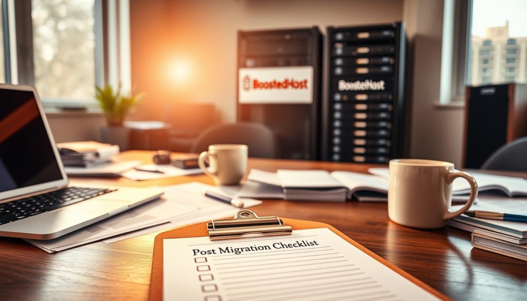 An organized desk with a laptop, coffee mug, and various documents and checklists spread out, bathed in warm, natural lighting through a large window. In the foreground, a "Post-Migration Checklist" label prominently displayed on a clipboard. In the background, the BoostedHost logo on a server rack, hinting at the website migration context. The scene conveys a sense of productivity, careful planning, and a methodical approach to the transition process.