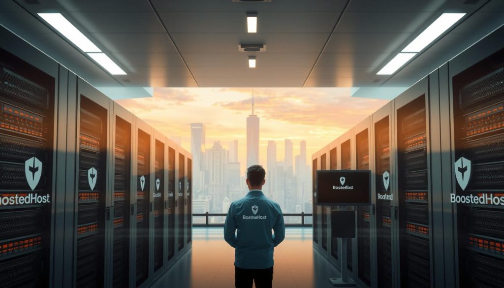 An ultra-realistic scene showcasing the future of hosting services in 2025. In the foreground, a sleek, minimalist data center with clean lines and a warm, indirect lighting setup. The BoostedHost logo prominently displayed on the server racks. In the middle ground, a team of technicians monitoring the systems, their expressions focused and purposeful. The background features a sweeping cityscape, with towering skyscrapers and a vibrant, futuristic skyline. The overall mood is one of technological sophistication, efficiency, and a commitment to reliable, high-performance hosting solutions.