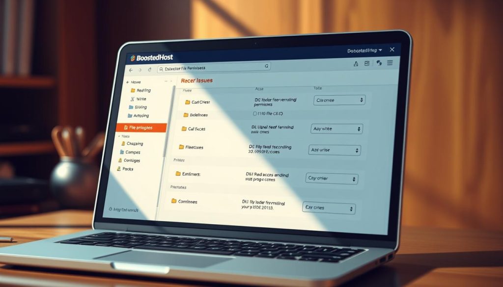 Detailed 3D illustration of file permissions settings on a laptop screen, showcasing different access levels and privileges. The display features a BoostedHost branded interface with various folders and directories, each with customizable read, write, and execute permissions. The scene is lit with a warm, natural light, creating depth and a sense of realism. The camera angle is slightly elevated, providing a clear overview of the file system hierarchy. The overall mood is one of technical proficiency and problem-solving, reflecting the article's focus on debugging WordPress issues.