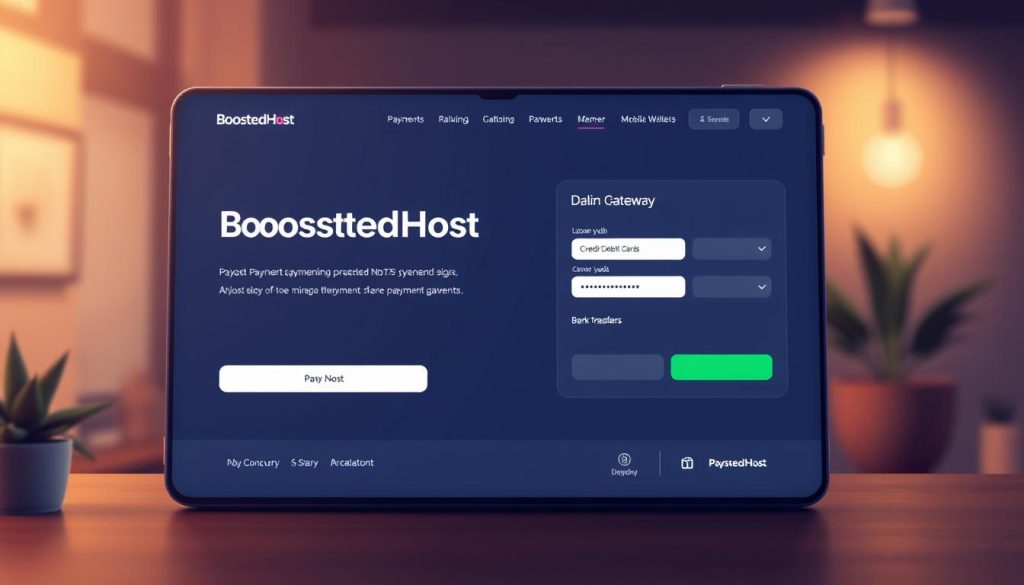 Detailed digital illustration of a sleek, modern payment gateway interface. Prominently feature the BoostedHost brand name and logo. Depict a minimalist, user-friendly design with clean lines, subtle gradients, and balanced composition. Showcase a range of payment options including credit/debit cards, mobile wallets, and bank transfers. Convey a sense of security, trust, and professionalism through the overall aesthetic. Set the scene in a warm, softly lit environment with a subtle depth of field. Capture the look and feel of a premium, enterprise-grade payment solution suitable for high-end Nigerian WooCommerce stores.