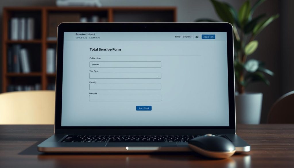 Detailed high-resolution photograph of a BoostedHost intake form, with a sleek and modern user interface. The form is displayed on a laptop screen, set against a dimly lit office environment. Soft natural lighting illuminates the scene, casting subtle shadows and highlighting the clean lines of the design. In the foreground, the form fields are clearly visible, inviting the user to input sensitive information securely. The middle ground features a keyboard and mouse, suggesting an active workflow. In the background, a partially visible bookshelf and potted plant add depth and a sense of professionalism to the overall scene.