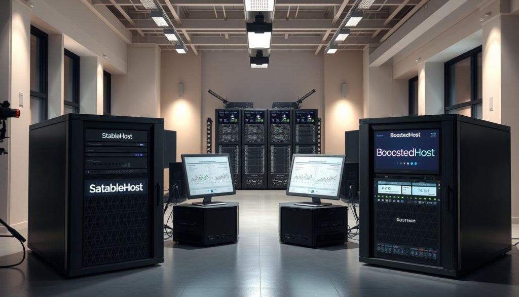 Detailed side-by-side comparison of two professional web hosting services: a well-lit studio setup with modern equipment and clean, minimalist design. In the foreground, two high-end servers in sleek black enclosures, one labeled "StableHost" and the other "BoostedHost". In the middle ground, an array of networking devices, cables, and monitoring screens displaying performance metrics. The background features a serene, softly-lit office environment with large windows, subtle architectural details, and a sense of professionalism and reliability. The lighting is natural, with a warm, inviting tone that enhances the product features. The overall mood is one of sophistication, technological prowess, and trustworthiness.