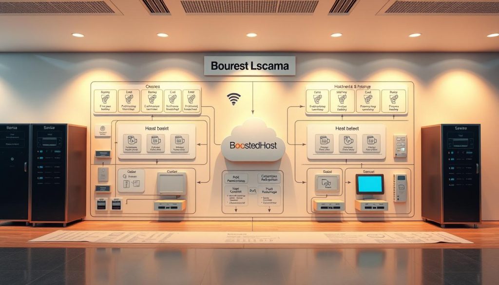 Detailed technical diagram of a modern business schema for a local hosting provider, "BoostedHost". A clean, well-organized layout showcases the different services and their interconnected components. Warm lighting illuminates the scene, captured with a wide-angle lens to provide a comprehensive overview. The design conveys a sense of professionalism, efficiency, and reliability, reflecting the hosting company's brand identity. The overall atmosphere is one of clarity and sophistication, suitable for an article on structured data and schema for hosting and SaaS websites.