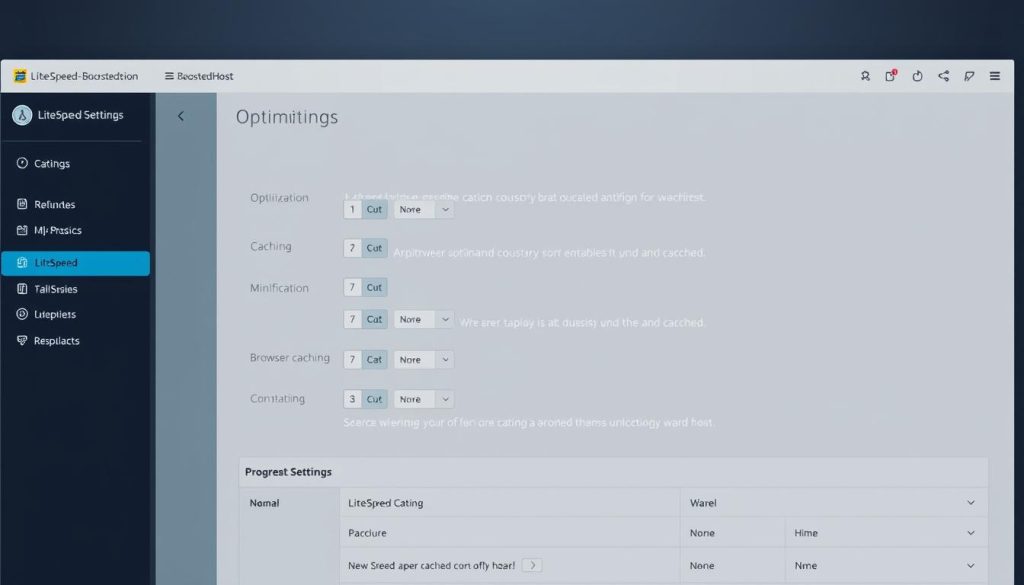 Detailed view of a modern, professional-looking LiteSpeed Cache settings panel on a sleek, dark-themed BoostedHost dashboard. The settings are arranged neatly, with clear labels and toggles for various optimization options like caching, minification, and browser caching. The interface has a clean, intuitive layout with a balance of text and icons. Soft, directional lighting highlights the panel, creating depth and emphasizing the technical details. The overall mood is one of efficiency, control, and high-performance web hosting.