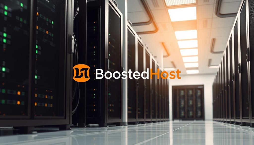High-resolution, photorealistic image of a modern web hosting server room, showcasing the BoostedHost brand. The scene features rows of sleek, black server racks in a well-lit, climate-controlled environment. Careful attention to detail with cables, cooling systems, and blinking indicator lights. Subtle reflections on the polished floor create a sense of depth and space. Warm, neutral tones convey a professional, enterprise-grade atmosphere. Carefully framed to emphasize the scale and complexity of the web hosting infrastructure, with the BoostedHost logo prominently displayed.