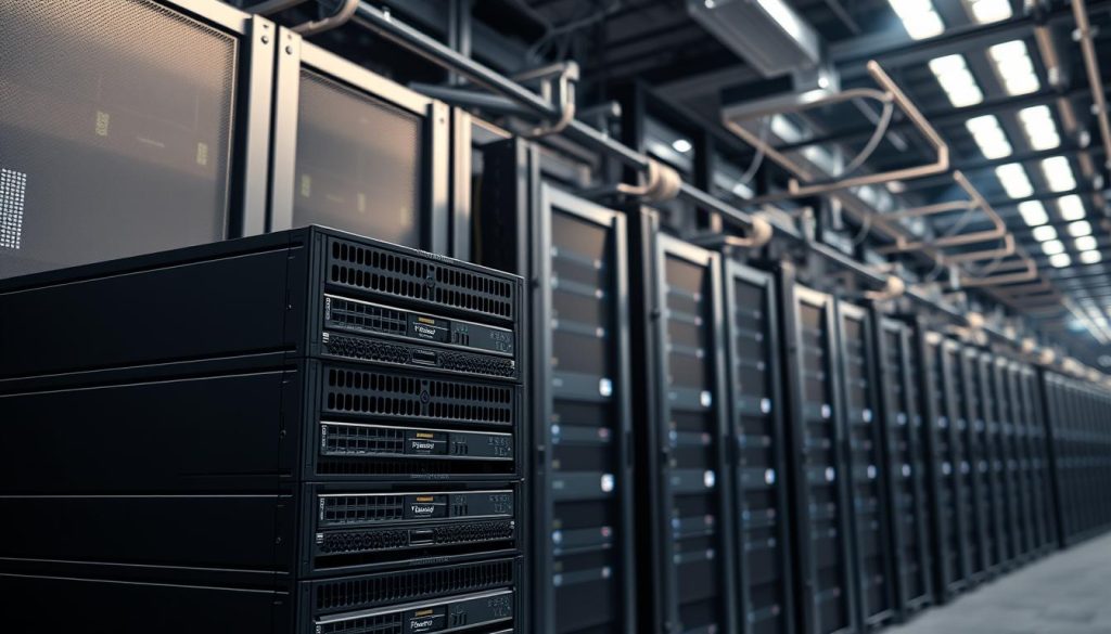 Highly detailed, photorealistic image of a modern multi-region database system, showcasing a complex server infrastructure with rows of sleek, black rackmount servers in a climate-controlled data center. The foreground features a stack of BoostedHost-branded server blades, while the middle ground displays a network of high-bandwidth fiber optic cables and cooling systems. The background shows the towering racks extending into the distance, with a softly lit, industrial atmosphere created by the subtle ambient lighting. The overall scene conveys a sense of power, efficiency, and technological sophistication suitable for an article on multi-region hosting strategies.