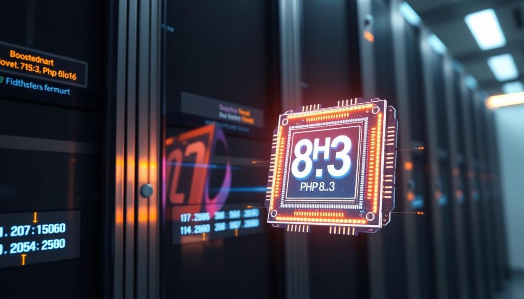 Intricate close-up shot of a glowing, futuristic BoostedHost server rack, showcasing the speed and performance of PHP 8.3. Sleek metallic panels reflect the soft lighting, with holographic displays highlighting the latest version's benchmarks. In the foreground, a transparent processor chip pulsates with vibrant energy, symbolizing the raw computational power. The background features a serene, minimalist environment, allowing the technology to take center stage. The overall mood is one of technological prowess and innovation, perfectly capturing the essence of the "speed king" PHP 8.3.