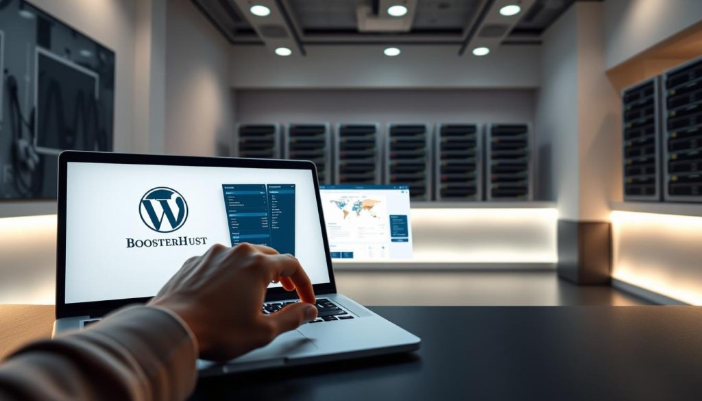 Managed WordPress hosting, a pristine and streamlined digital environment showcasing BoostedHost's unparalleled services. Set against a softly lit backdrop, the scene depicts a modern workstation with a sleek laptop, its screen displaying the BoostedHost logo in a minimalist yet striking design. In the foreground, a hand carefully navigates the intuitive WordPress dashboard, highlighting the seamless integration and user-friendly experience. The middle ground features a neatly organized array of server racks, conveying the robust infrastructure and reliable performance that underpins the managed hosting solution. Subtle ambient lighting and a sense of tranquility create an atmosphere of professionalism and efficiency, inviting the viewer to envision the effortless management of their WordPress website.