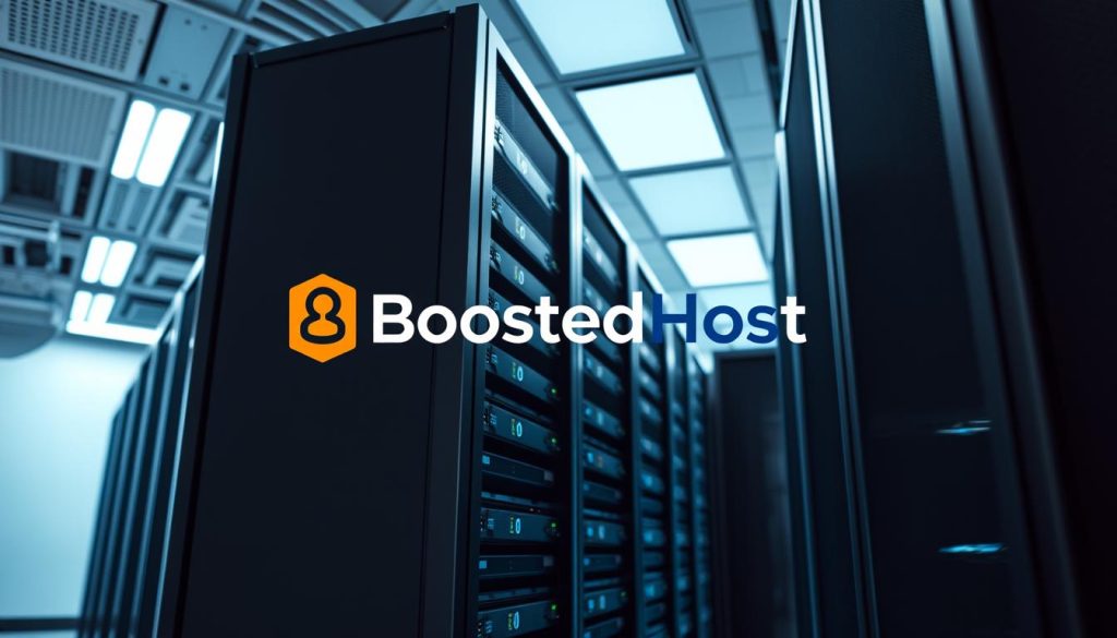 Prompt A well-lit, high-resolution photograph of a modern web hosting server rack with the BoostedHost logo prominently displayed. The server rack is situated in a clean, organized data center environment with a sleek, minimalist aesthetic. The lighting is balanced, creating a sense of depth and highlighting the technical details of the hardware. The overall composition conveys a professional, reliable, and high-performance hosting solution.