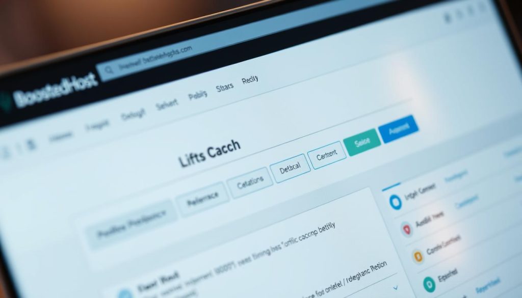 Realistic close-up of the BoostedHost LiteSpeed cache web interface, showcasing its intuitive dashboard and performance settings. Sleek and modern UI with clean typography, simple icons, and a minimalist layout. The interface is illuminated by soft, directional lighting, casting subtle shadows and highlights to convey a professional, high-tech atmosphere. The camera angle is slightly elevated, providing a clear view of the core functionality while maintaining a sense of depth and perspective. The overall impression should be one of a powerful, user-friendly caching solution for optimizing website performance.