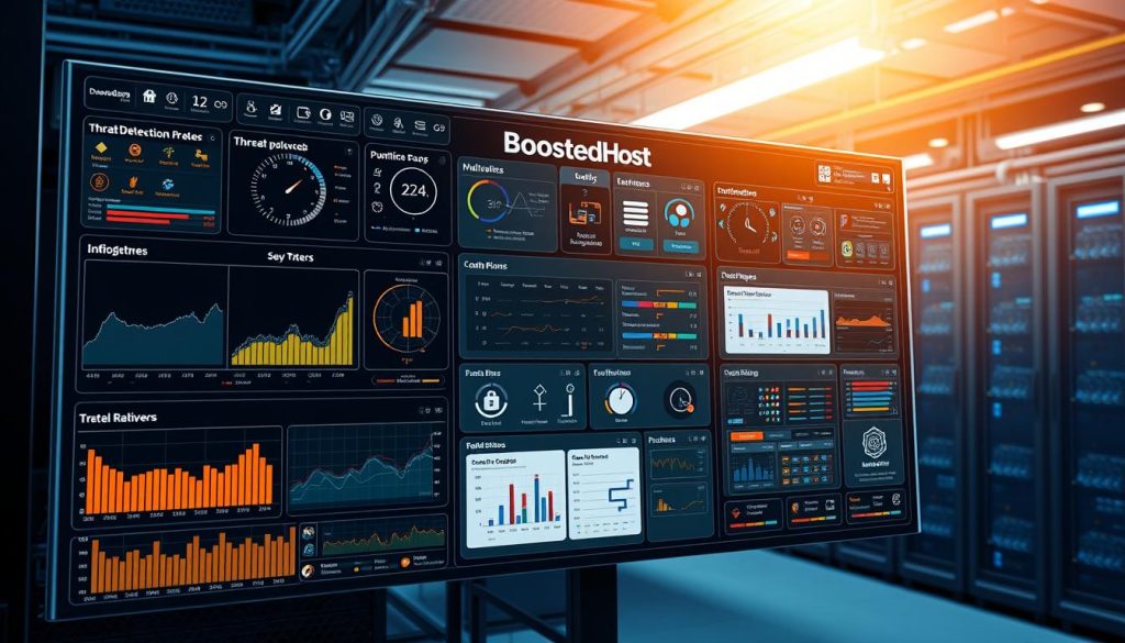 Realistic digital panel tools interface with a prominent "BoostedHost" branding, showcasing a complex malware-related system dashboard. The foreground displays various monitoring graphs, threat detection indicators, and security alerts. The middle ground features intricate control panels, configuration settings, and diagnostic tools. The background subtly depicts a data center environment with server racks, networking equipment, and a sense of technological complexity. The lighting is a balanced mix of warm and cool tones, creating a professional and authoritative atmosphere. The overall composition emphasizes the importance of managing and securing website tools and control panels, in line with the article's subject.