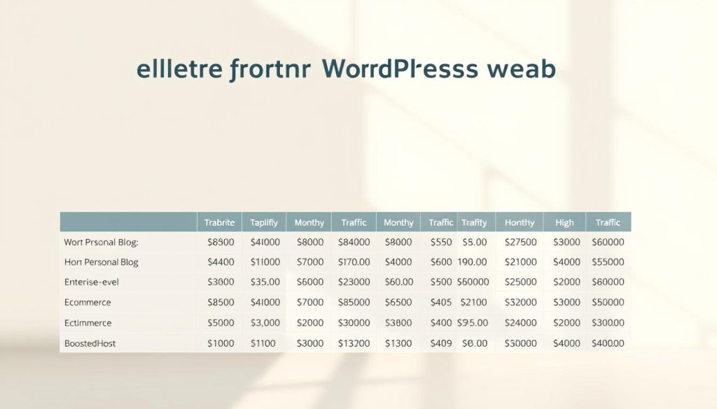 Realistic monthly budgets for a WordPress website, showcasing a variety of website types and traffic levels. A clean, minimalist table layout in a neutral color scheme, featuring the BoostedHost brand. Soft, natural lighting casts a warm glow, creating a sense of professionalism and trustworthiness. The table columns display website types, from personal blogs to enterprise-level e-commerce, along with corresponding monthly hosting cost estimates. The rows depict a range of traffic levels, from low to high. The overall composition is designed to provide a clear, informative visual reference for the article's subject matter.