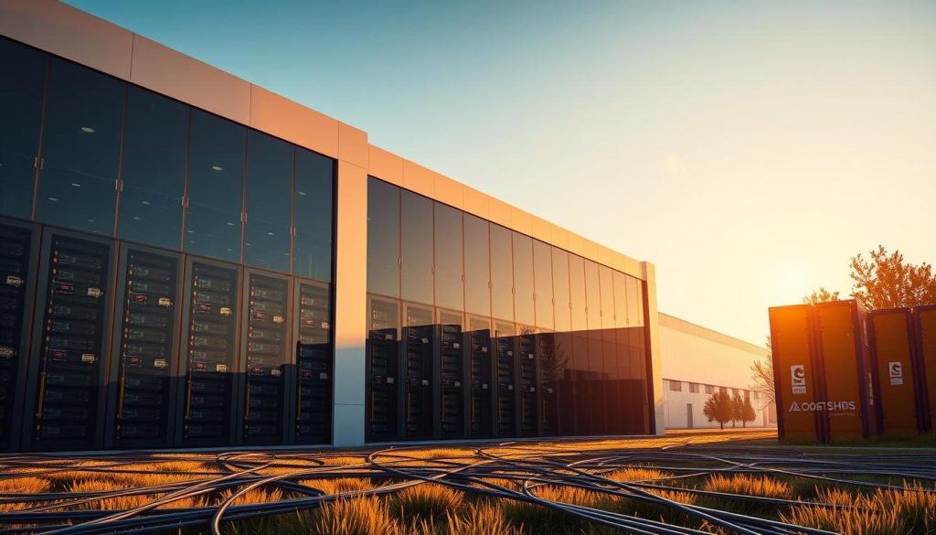 Serene landscape with a state-of-the-art data center in the foreground, housing racks of high-performance servers. The sleek, modern architecture is bathed in warm, directional lighting, casting dramatic shadows and highlighting the intricate details of the building's design. In the middle ground, a network of cables and fiber optic lines converge, symbolizing the seamless flow of data and information. The background features a cloudless sky, conveying a sense of reliability and uptime. The entire scene exudes a feeling of speed, efficiency, and the unwavering power of BoostedHost's hosting infrastructure.