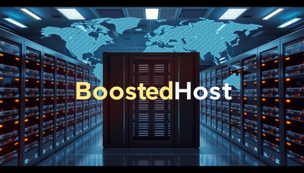 Showcase the core strengths of BoostedHost in a sleek, high-tech setting. A modern data center with rows of gleaming server racks, pulsing lights, and a dynamic, global network diagram in the background. Capture the speed, uptime, and global reach of BoostedHost's infrastructure with a cinematic, wide-angle perspective that conveys a sense of scale and efficiency. Utilize dramatic, directional lighting to highlight the precision and power of the technology, creating an authoritative, impactful visual that reflects the brand's technical expertise and reliability.