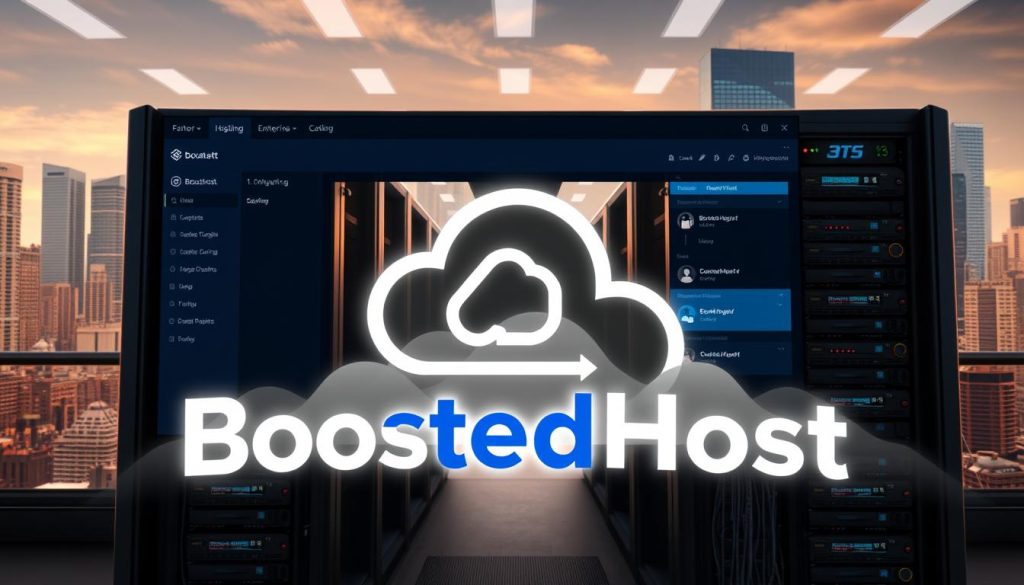 Sleek and modern web hosting platform featuring a clean user interface, with servers and cloud infrastructure in the foreground. BoostedHost brand logo prominently displayed. In the middle ground, server racks and cables, conveying a sense of reliability and technical prowess. The background showcases a cityscape with skyscrapers, suggesting a global reach and enterprise-level capabilities. Warm, natural lighting illuminates the scene, creating a professional and trustworthy atmosphere. The composition should emphasize the sophistication and dependability of the BoostedHost web hosting service.