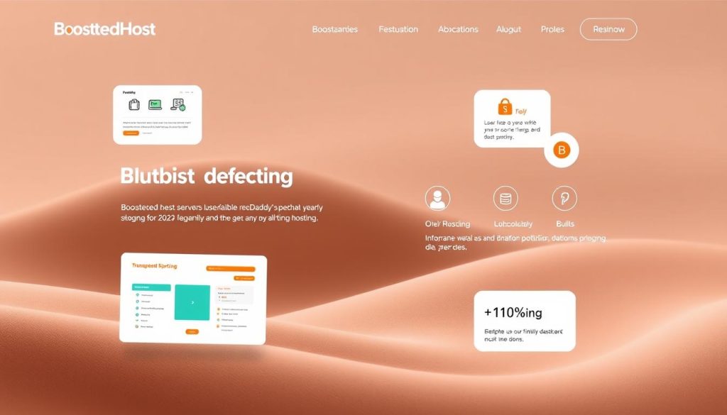 Sleek web hosting interface showcasing BoostedHost as a modern, reliable GoDaddy alternative for 2025. Smooth gradient background in muted tones, with floating icons and infographic elements highlighting key features like user-friendly dashboard, 24/7 customer support, and transparent pricing. Crisp, minimalist aesthetic with clean typography and attention to detail. Bright accents and subtle animations create an inviting, professional atmosphere. High-resolution, photorealistic rendering with natural lighting and depth of field.