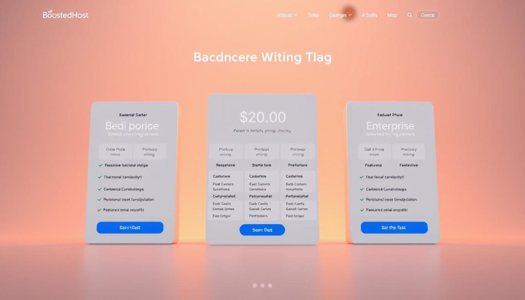 Vibrant and modern e-commerce pricing plans displayed on a sleek, minimalist website for BoostedHost. The foreground features three distinct pricing tiers with clear, eye-catching details - from the essential "Starter" plan to the robust "Enterprise" offering. The middle ground showcases responsive pricing charts and feature comparisons, presented in a clean, data-driven layout. In the background, a subtle gradient backdrop creates depth and a sense of digital elegance. Warm, directional lighting accentuates the crisp typography and intuitive user interface, conveying a professional, high-quality e-commerce solution.